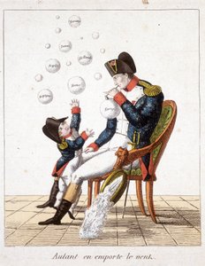 Vom Winde verweht: Napoleon macht Seifenblasen aus der Toskana, der Schweiz, Holland, Neapel, Rom, Spanien und Europa - in „Napoleon 1., Karikaturen, Dummysammlung“, ca. 1814