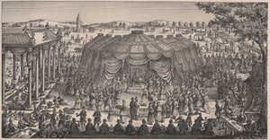 Großes Bankett von Tamerlan (1336-1405) in der Ebene von Khani Gheul zur Feier der Hochzeit seiner Enkelkinder - Gravur aus dem 19. Jahrhundert.