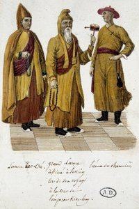 Großer Lama und Lama Lao-Tseu (?) besuchen den Hof von Peking - Gravur