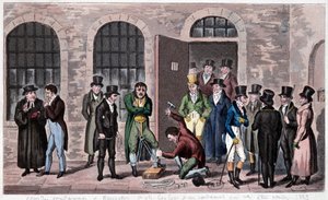 Gefängnis von Großbritannien: Ein Todesurteil ist am Newgate-Gefängnis in London angebracht (oft in den Romanen von Charles Dickens erwähnt). Gravur um 1823. Bibliothek der dekorativen Künste