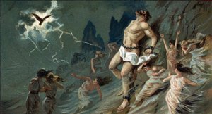 Große griechische Tragödien: „Prometheus gefesselt“ von Aischylos. In der Wüste von Skythien wird Prometheus auf Befehl von Jupiter an einen Felsen gekettet, weil er Menschen erschaffen und ihnen das himmlische Feuer gebracht hat. Dort nagte ein Adler an s von Unknown artist