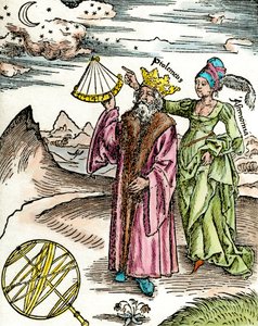 Griechischer Astronom Claudius Ptolemäus mit Sextant und Astronomie. Gravur von 1503 von Unknown artist