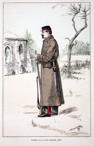 Friedenswächter mobilisiert (1871). Farbradierung zur Illustration „Histoire du corps des gardiens de la paix“ Buch veröffentlicht unter der Schirmherrschaft von Louis Lepine (1846-1933) Polizeipräfekt der Seine, von Alfred Rey (1864-?) und Louis Feron (18 von Unknown artist
