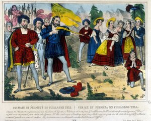 Guillaume Tell (legendärer Held der Schweizer Unabhängigkeit). Der Barbar Gesler zwingt Guillaume Tell, mit einem Pfeil einen Apfel vom Kopf seines Kindes zu schießen. 19. Jahrhundert Gravur von Unknown artist