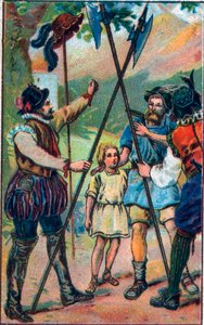 Wilhelm Tell (legendärer Held der Schweizer Unabhängigkeit) weigerte sich, vor dem Hut zu salutieren. Chromolithographie aus dem späten 19. Jahrhundert. von Unknown artist