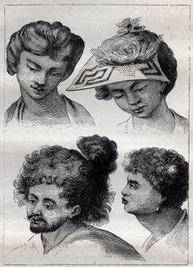 Frisuren der Einwohner von Tahiti - Illustration aus „Die großen Seefahrer des 18. Jahrhunderts“