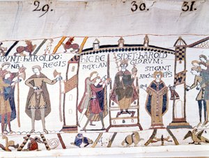 Harold II. (1022 - 1066) wurde nach dem Tod von Eduard dem Bekenner im Jahr 1066 zum König ausgerufen, starb aber bald in der Schlacht von Hastings. Bayeux-Tapete oder Stickerei von Königin Mathilde