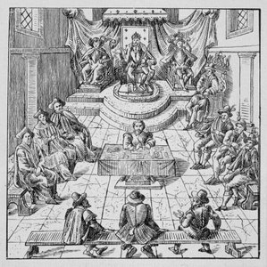Heinrich III. (1551 - 1589) hält die Generalstände in Blois im Jahr 1576 - in „Sammlung von 39 Figuren, die die Katastrophen Frankreichs von 1562 bis 1586 darstellen“; Louis Perrin Druckerei von Unknown artist
