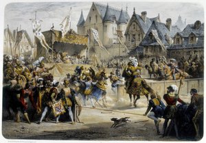 Henri II (1519 - 1559) tödlich verwundet von Montgomery während des Turniers am 29. Juni 1559, Rue St Antoine, vor dem Palais des Tournelles - Lithographie