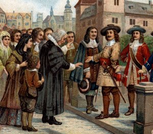 Historische Episoden berühmter Städte: Der Große Kurfürst, Friedrich Wilhelm I. von Brandenburg (1620-1688), empfängt französische Emigranten in Berlin (1685). Er begrüßte französische Protestanten, die nach der Aufhebung des Edikts von Nantes Frankreich v von Unknown artist
