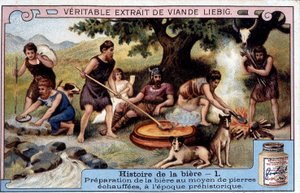 Geschichte des Bieres: Bierherstellung mit heißen Steinen in prähistorischen Zeiten - Liébig-Werbeaufkleber von Unknown artist