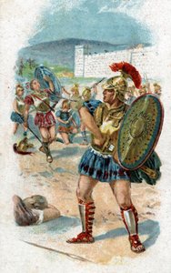 Geschichte des Lebens von Achilles, legendärer Held des Trojanischen Krieges: Patroklos erhält die Erlaubnis von Achilles, die Griechen zu retten, indem er seine Waffen trägt. Er wird von Hektor getötet, der die Waffen von Achilles als Beute nimmt. Chromol