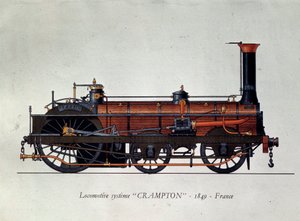 Geschichte des Transports: Lokomotivmodell, Crampton-System benannt nach Thomas Russell Crampton (1816-1888), britischer Ingenieur: Er schuf eine Hochgeschwindigkeitslokomotive. Gravur von 1849 Paris, Decorative Arts