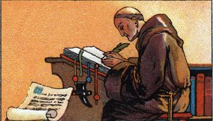 Geschichte des Schreibens: ein Mönch als Kopist, der im Mittelalter Manuskripte kopiert, Anfang des 20. Jahrhunderts von Unknown Artist