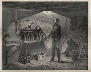 Heim-Elektrizität: Installation der von Radiguet erfundenen Batterie in einem Keller - Gravur in „La Science francaise“