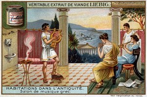 Häuser in der Antike: Griechischer Musikraum - Liebig Chromolithographie von Unknown artist