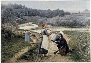 Jäger und Mädchen am Brunnen (Russland) - Fotografie, Ende 19. Jahrhundert