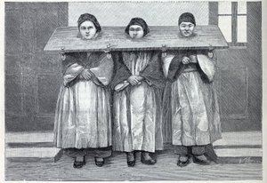 Jagd in China: der Cangue, ein Folterapparat (eine Art Pranger), wird auf Kindsmörderinnen angewendet. Gravur in „La Nature“ von Unknown artist