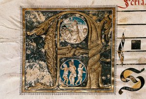 Illuminierter Buchstabe der Predigt Jesu vor den Aposteln und der Geißelung, aus einem Manuskript liturgischer Lieder von Unknown artist