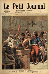 Illustration für Aschermittwoch, nach dem Karneval von Mardi Gras, die Partykostüme treten vor den Richter, um sich zu enthüllen. Gravur in „Le petit journal“ 18/02/1893. Selva-Sammlung von Unknown artist
