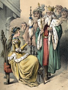 Illustration von Franz Hoffmanns Märchen „Märchen und Fabeln - Weißhändchen und Breitfüßchen“. Chromolithographie des 19. Jahrhunderts.