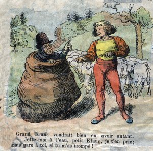 Illustration aus dem späten 19. Jahrhundert für das Märchen von Hans Christian Andersen (1805-1875) „Groß Klaus und Klein Klaus“. Private Sammlung.