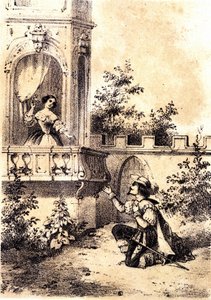 Illustration des Liedes „Der König ließ die Trommel schlagen“: ein Mann erklärt einer Frau an ihrem Fenster seine Liebe. o.D.