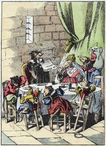 Illustration des Märchens „Der schreckliche Raminagrobis und die Mäuse“. Charakterzeichnungen von Fabeln von Jean de la Fontaine. In „Märchen aus dem Heim für die Kleinen“. Anonyme Gravur des 19. Jahrhunderts. von Unknown artist