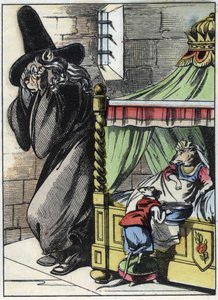 Illustration des Märchens „Der schreckliche Raminagrobis und die Mäuse“. Charakterzeichnungen von Jean de La Fontaine. In „Märchen aus dem Heim für die Kleinen“. Anonyme Gravur des 19. Jahrhunderts von Unknown artist