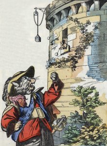 Illustration des Märchens „Der schreckliche Raminagrobis und die Mäuse“ nach einer Fabel von Jean de La Fontaine. In „Märchen aus dem Heim für die Kleinen“. Anonyme Gravur aus dem 19. Jahrhundert