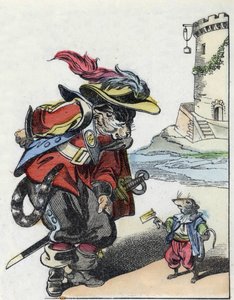 Illustration des Märchens „Der schreckliche Raminagrobis und die Mäuse“ nach einer Fabel von Jean de La Fontaine. In „Märchen aus dem Heim für die Kleinen“. Anonyme Gravur aus dem 19. Jahrhundert