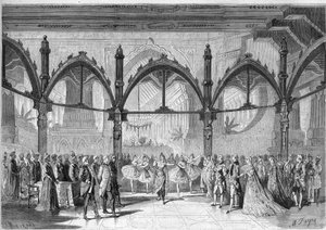 Imperial Theatre der Komischen Oper: Szene IV, Akt II der Oper „Der erste Tag des Glücks“ von Daniel François Esprit Auber (1782-1871). Gravur in „The Illustrious Universe“