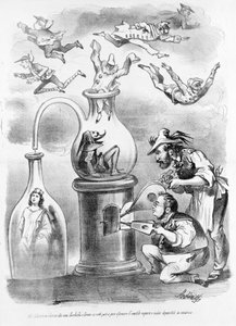 Im Alchemielabor der Mitarbeiter Garibaldi und Cavour sehen wir allmählich den unnötigen Dampf (dargestellt durch die Masken der italienischen Regionen) verschwinden und die Substanz (Italien) bleiben. Karikatur der satirischen Zeitung Il Fischietto