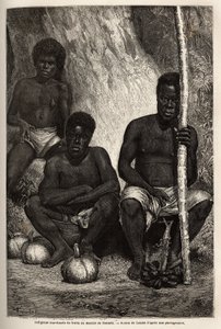 Einheimischer Obstverkäufer, auf dem Markt von Noumea (Neukaledonien). Gravur zur Illustration der Reise nach Neukaledonien von 1863 bis 1866, von Jules Garnier, Bergbauingenieur, in „Le tour du monde, nouveau journal des voyages“ veröffentlicht unter der 