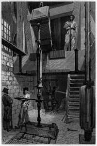 Installation eines Bohrers zur Entdeckung eines Kohlevorkommens. Gravur im „Journal de la jeunesse“