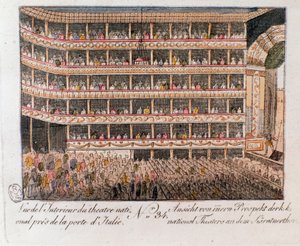 Innenansicht des Nationaltheaters nahe dem Italienischen Tor in Wien, Österreich. Gravur von 1815 von Unknown artist