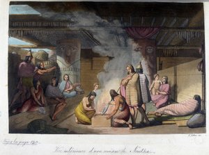 Innenansicht eines Hauses in Nutka, Russland. In „Das alte und moderne Kostüm“ 1819-1820, von Ferrario. von Unknown artist