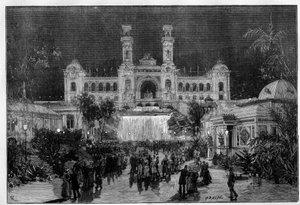 Internationale Ausstellung von Nizza: der Palast der Ausstellung beleuchtet mit elektrischem Licht. Gravur in "Le Monde Illustré"