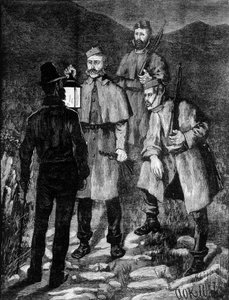 Irische Polizeistreife kontrolliert einen Verdächtigen (1881). von Unknown artist