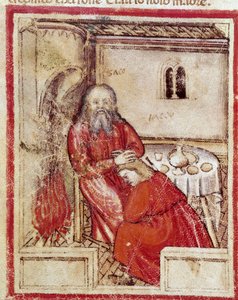 Isaak nach dem Verzehr des Zickleins, das sein Sohn Jakob gebracht hat, im Glauben, es sei Esau. Miniatur aus Codex 212 (oder Padovano Codice oder Bibel von Padua) 1390-1400 von Unknown artist
