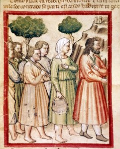 Isaak und seine Familie leiden unter Hungersnot und wandern in die Länder von König Abimelech aus. Miniatur aus Codex 212 (oder Padovano Codice oder Bibel von Padua) 1390-1400 Rovigo, Accademia dei Concordi