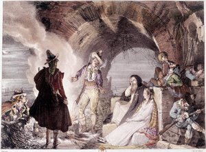 Italienische Räuber. Die Banditen, einige trinken, andere schlafen. Gravur aus dem 19. Jahrhundert. Paris, B.N. von Unknown artist