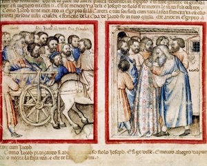 Jakobs Abreise nach Ägypten und seine Wiedervereinigung mit seinem Sohn Joseph. Miniatur aus Codex 212 (oder Padovano Codice oder Bibel von Padua) 1390-1400 Rovigo, Accademia dei Concordi von Unknown artist