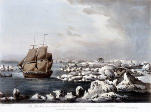 James Cooks Reisen: das Boot der Resolution im Vordergrund und die Discovery im Hintergrund im Eis gefangen - in "Captain Cooks letzte Reise", Bd. III