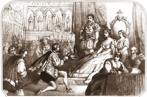 Jean Nicot präsentiert die Tabakpflanze Catherine de Medici und dem Großprior des Hauses Lothringen. Lithografie des 16. Jahrhunderts um 1868. von Unknown artist