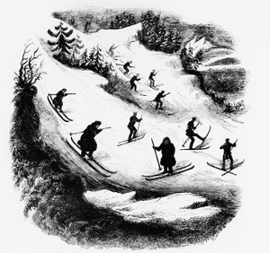 Spiele des Nordens: Skifahrer auf einer Piste - Gravur, Ende des 19. Jahrhunderts