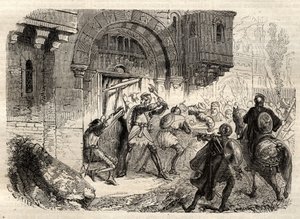 Johannes II. Komnenos, byzantinischer Kaiser - Der Kaiser Johannes II. Komnene (1087-1143) an der Spitze der Griechen, die das Tor seines Palastes in Konstantinopel öffnen - Gravur in „Illustrous Popular Dictionary“ - 1864 - von Joseph Decembre und Edmond  von Unknown artist