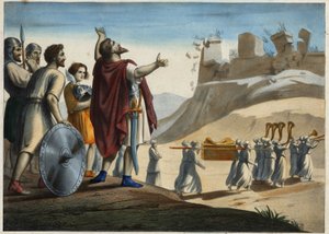 Josua vor der Stadt Jericho (die erste Stadt, die Josua und die Juden während der Eroberung des Gelobten Landes einnahmen). Die Mauern stürzen zum Klang der Trompeten ein. Anonyme Gravur des 19. Jahrhunderts