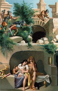 Julius Sabinus (Gallier des Lingonen-Volkes) und seine Frau Eponine bleiben neun Jahre lang mit ihren Kindern in einem unterirdischen Versteck und werden dann entdeckt. Sie werden zusammen mit ihren zwei Zwillingssöhnen nach Rom gebracht. Späte Chromolitho von Unknown artist