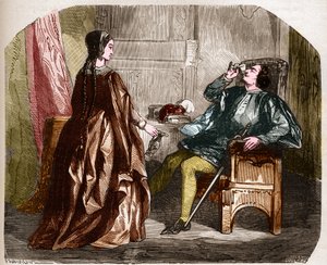 König Karl VI. von Frankreich, bekannt als Karl der Gute, dann Karl der Wahnsinnige (1368-1422) mit seiner Geliebten Odinette de Champdivers. Gravur in „Die Geschichte der Prostitution und Ausschweifung unter allen Völkern der Welt von der Antike bis zur..